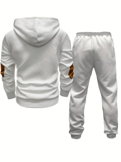 Elegante conjunto de 2 piezas para hombre: sudadera con capucha texturizada de manga larga y pantalón