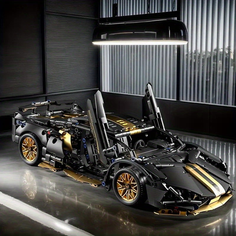 🚗 Set de Bloques de Construcción Auto Deportivo Negro y Dorado – 1300 Piezas