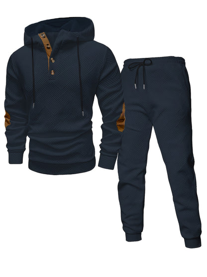 Elegante conjunto de 2 piezas para hombre: sudadera con capucha texturizada de manga larga y pantalón