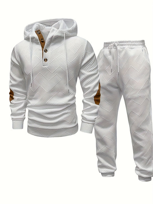 Elegante conjunto de 2 piezas para hombre: sudadera con capucha texturizada de manga larga y pantalón